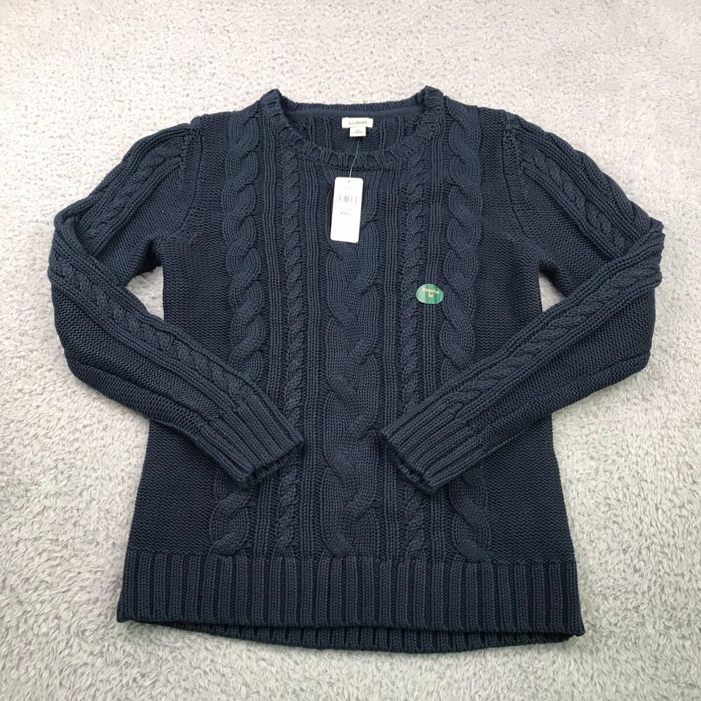 LL Bean Sweater Womens M Classic Navy Fisherman Cable Knit Cotton Pullover NEW